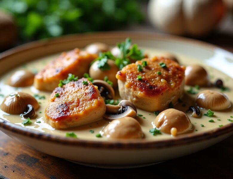 Recette simple et savoureuse : Chapon en morceaux à la crème et aux champignons